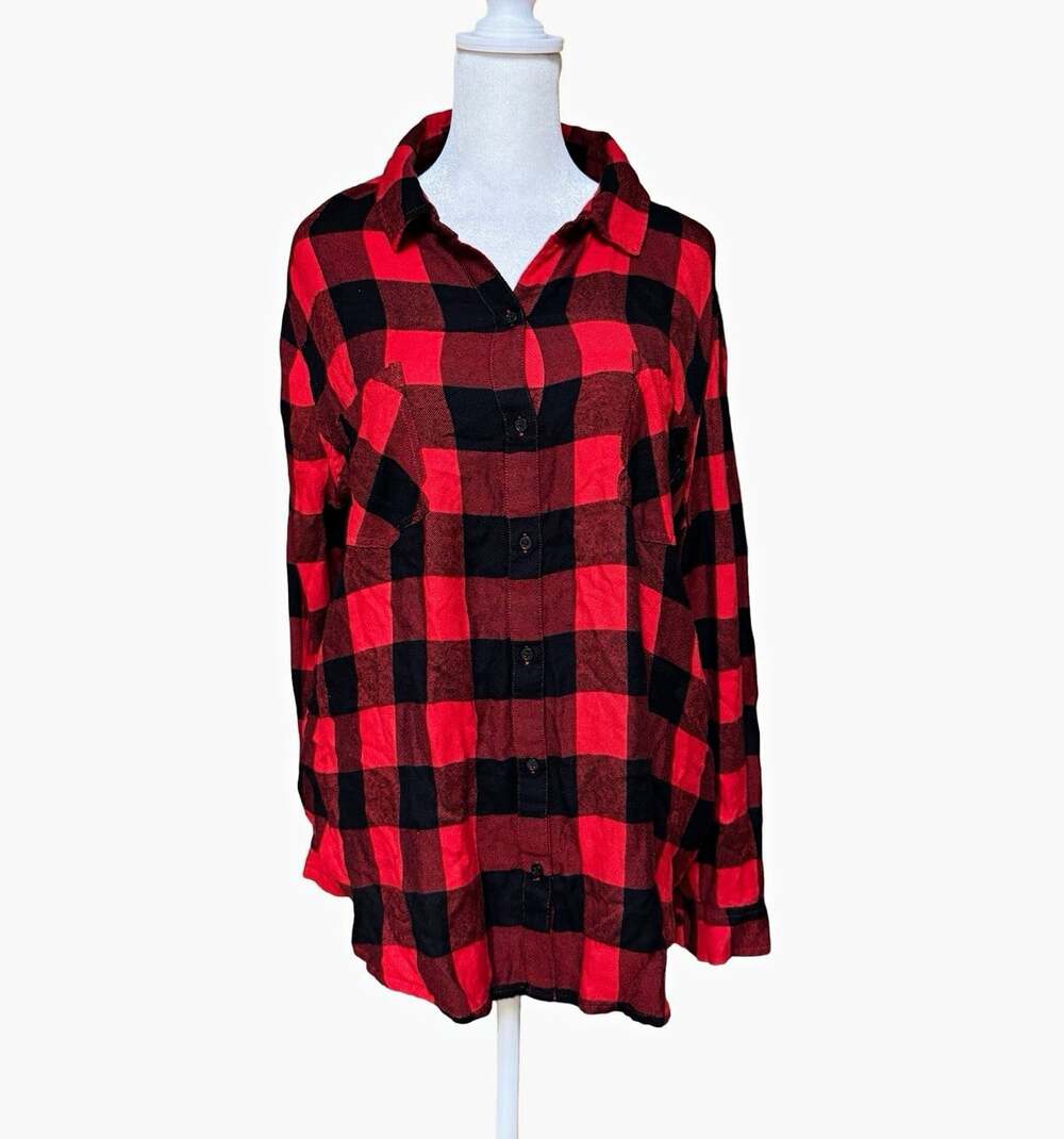 Lucky Brand Red Black Plaid Flannel Button-Up Shirt XL Modal Viscose Long Sleeve
